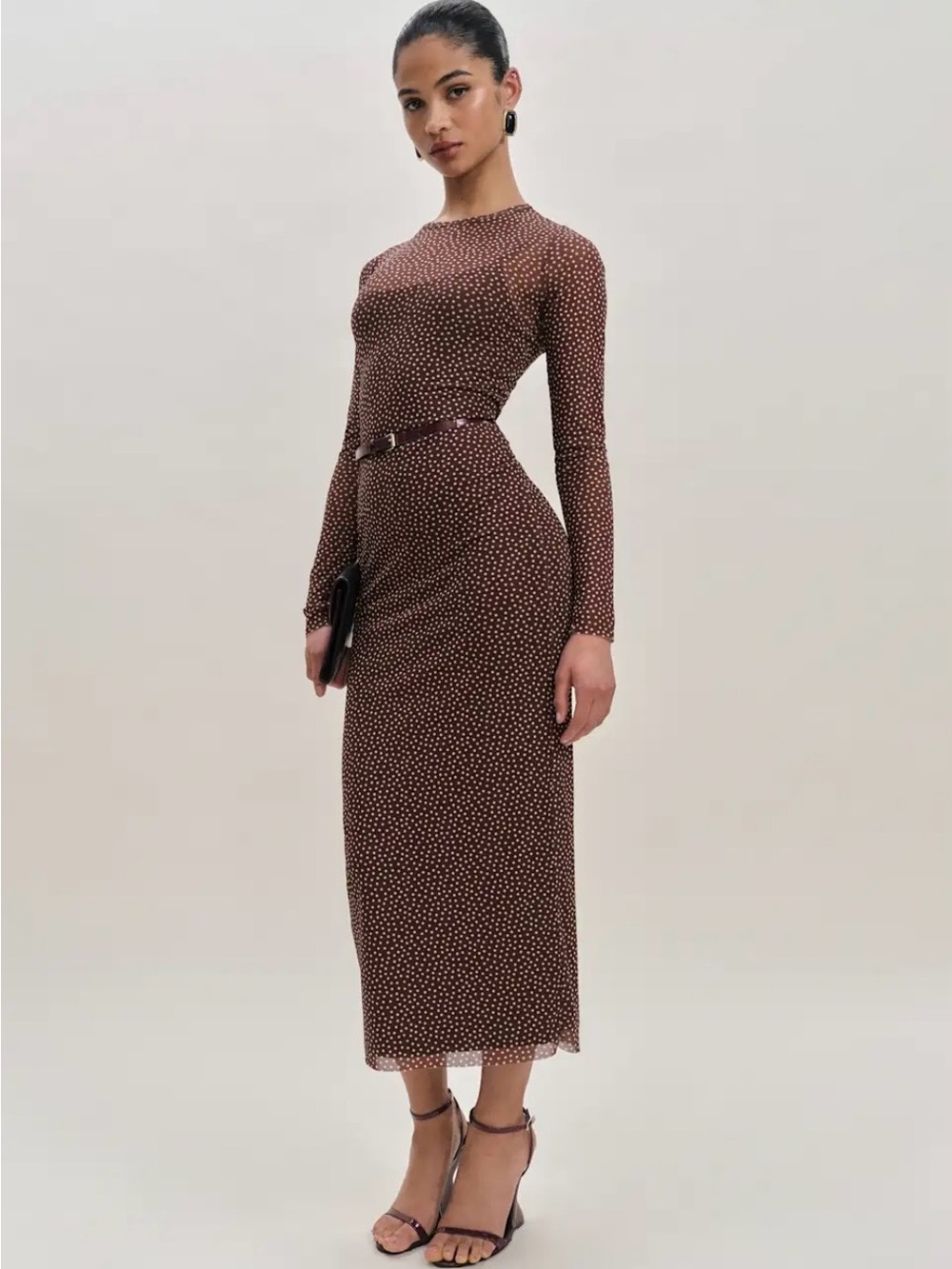 Reformation Brown Polka Dot Long-Sleeve Midi Dress